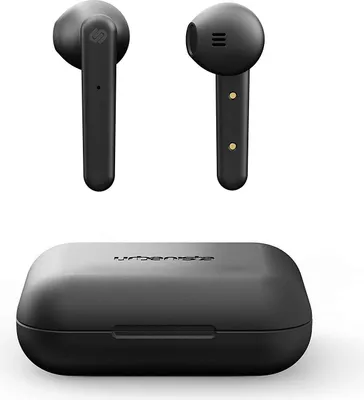 A pair of black wireless earbuds and their charging case are displayed against a white background.