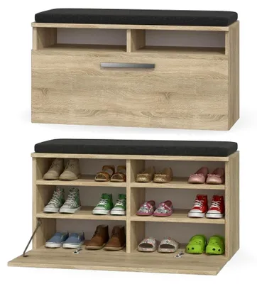 Produktbild von Schuhschrank Riva | Farbe: Eiche Sonoma | Ideal für Diele, Flur, Büro | Schuhaufbewahrung | Bequemer Sitz (Kissen) | Modern | Flügeltür | Lagerung