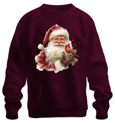 Produktbild von Weihnachtsmann mit Kardinalvogel Tannenzweig Aquarell Sweatshirt Pullover, Burgundy, 3XL