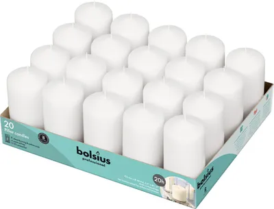 A box of Bolsius pillar candles.