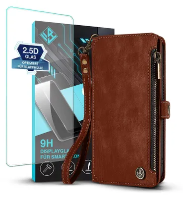 Produktbild von Handy Hülle für Xiaomi 15T Geldbeutel Geldbörse RFID Schutz Klapphülle Cover Schutzhülle Wallet mit 9H Displayglas Displayschutz Farbe: Dunkelbraun