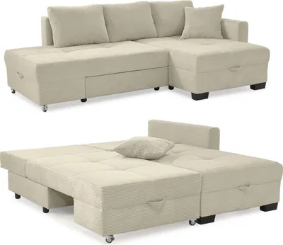 Produktbild von Ecksofa Schwenkfunktion Doppelbett Schlafcouch Bettkasten Cordbezug Beige Grau / 15215