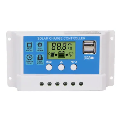 Obrázek produktu pro PWM solární regulátor nabíjení, inteligentní regulátor s nastavitelným LCD displejem, 2 USB porty, 12 V/24 V, bílý, 10 A