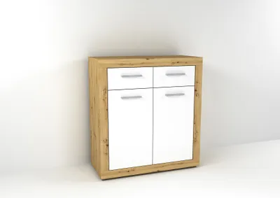 Produktbild von FMD furniture Sideboard Kommode 29 x 82,2 x 90 cm in Artisan Oak Nb / weiß Edelglanz, 2 Türen und 2 Schubladen mit Rückwand