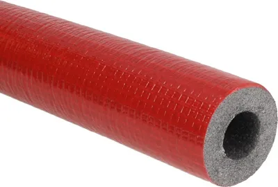 A single piece of red pipe insulation on a white background.