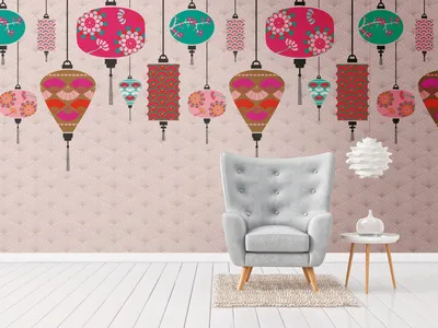 Produktbild von NEWROOM Tapete Rosa Vliestapete Lampignons - Wandbild Modern Türkis Grau Raute Asiatisch Tapete Asiatisch Asiatisch