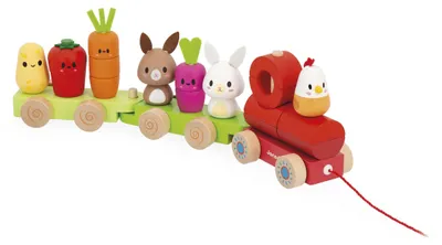 Produktbild von Janod - Holzzug zum Nachziehen - Thema Bauernhof - 3 Waggons und 19 Teile - Lern