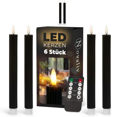 Obrázok produktu pre LED svietiace stĺiky s časovačom, čierna farba, 6 kusov, vhodné do interiéru, doba svietenia 6 hodín, vyrobené z pravého vosku, s textúrou, výška 23 cm, priemer 2,2 cm, vyžadujú 2 batérie typu AAA. Sada 2 LED svietiacich stĺikov, čierna farba (2 kusy)