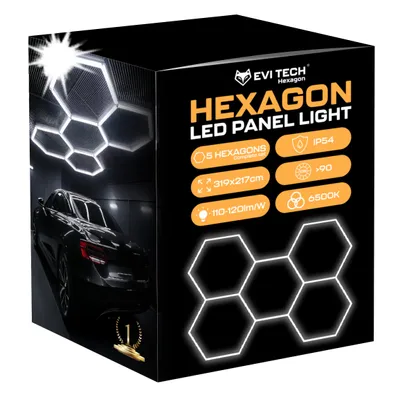 The image shows the packaging of LED Hexagon panel lights, featuring a car and illuminated hexagons.