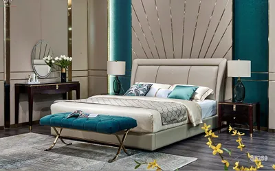 Produktbild von Schlafzimmer Bett 2x Nachttisch Hocker Komplette Sets Leder Möbel Zimmer 4tlg.