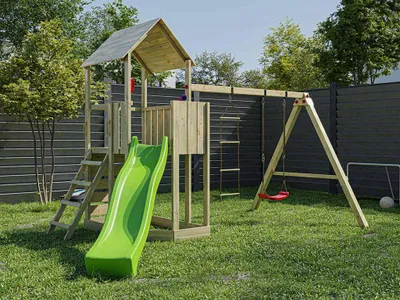 Produktbild von Prestige Garden Big Monkey Kesseldruckimprägnierter Spielturm aus Kiefernholz, Mit Schaukelanbau Strickleiter Kletterwand Sandkasten Podest, Inklusive Rutsche Periskop Spieltelefon Klettergriffen