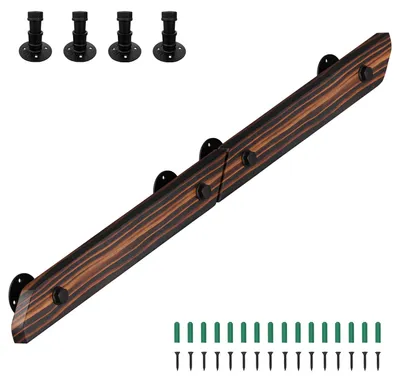 Immagine prodotto di Corrimano da parete in legno di pino, lunghezza 120 cm, modulare e collegabile per creare un corrimano continuo, colore marrone con venature del legno, completo di supporti in ferro
