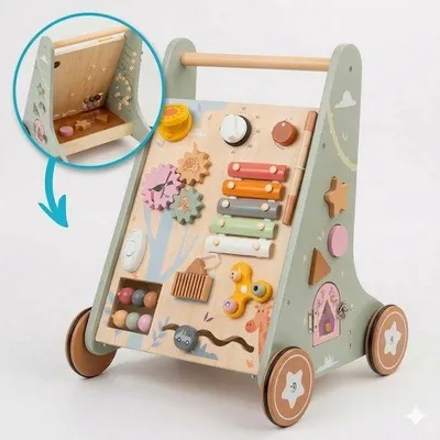 Productafbeelding van Laavir Houten Loopwagen met Activiteitenpaneel - Baby Walker met Xylofoon, Spiegeltje, Klok en Vormen - Montessori Speelgoed vanaf 1 Jaar - Lichtgroen