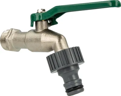A close-up studio shot of a garden tap with a green handle and a hose connector.