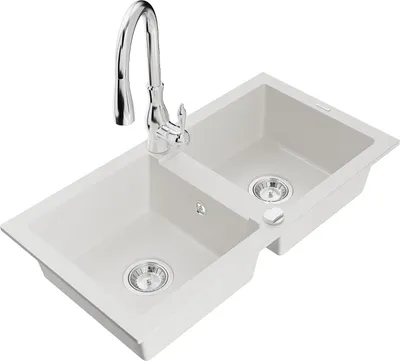 Immagine prodotto di Mexen Mario lavello in granito a 2 vasche con rubinetto da cucina Savita, bianco - 6504-20-672601-00
