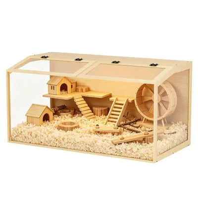 Immagine prodotto di Gabbia per criceti WISFOR con illuminazione a LED, casa per piccoli animali in legno, gabbia per topi con coperchio pieghevole e finestre trasparenti, dimensioni 120 x 60 x 60 cm
