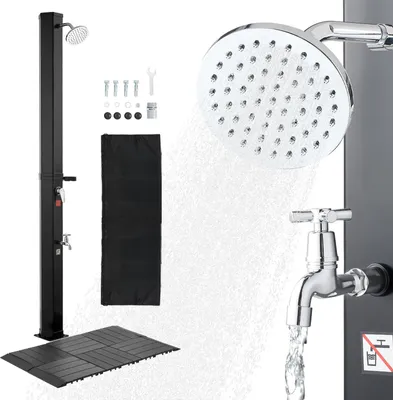 Produktbild von Solardusche - Gartendusche/Außendusche - 35 L Tank - 216 cm Höhe - Warm-/Kaltwasser-Mischbatterie - Mit Bodenplatte - Fußdusche - Schwarz
