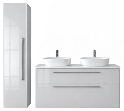 Productafbeelding van Badmeubelset MOBI 120 cm - Grijs, hoogglans - 2 wastafels - Wastafelonderkasten + hoge kast - Badkamermeubels