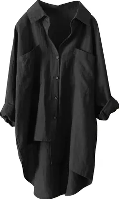 Produktbild von ASKSA Damen Musselin Bluse Sommer Leichte Atmungsaktive Leinenhemd Tshirt Casual Locker Leinenbluse Top, Schwarz, Groesse: M