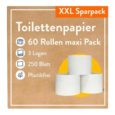 Produktbild von 60 Rollen Toilettenpapier 3-lagig – 250 Blatt pro Rolle – Plastikfrei - Toilettenpapier – Vorratspackung