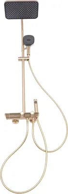 Obrázek produktu pro Termostatická sprchová souprava – nástěnná instalace, set dešťové sprchy – ruční sprcha a sprcha pro bidet – připojení G1/2 – sprchová hlavice 32x22 cm – hadice 1,5 m – leštěný povrch – zlatá barva