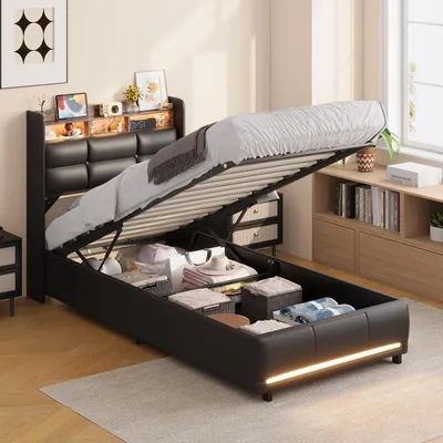 Immagine prodotto di Letto contenitore ProximaX, dimensioni 90x200 cm, rivestito in ecopelle (PU), con illuminazione LED RGB, porta USB-C e sistema di sollevamento a gas per il contenitore
