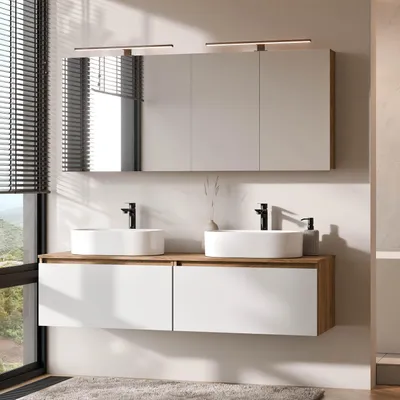 Produktbild von Planetmöbel ARISA Doppelwaschtisch 160 cm in Weiß mit 2 LED Spiegelschränken ARIA 80 cm und 2 weißen Keramik-Aufsatzwaschbecken 55 cm
