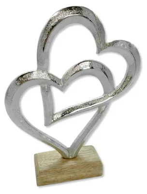 Produktbild von Metall Figur zwei Herzen auf Holz-Fuß 19 x 25cm Dekofigur Tisch-Deko Metallherz Skulptur