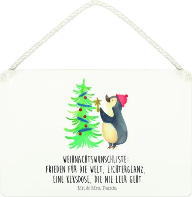 Produktbild von Mr. & Mrs. Panda Schild Pinguin Weihnachtsbaum DIN A4 - Weiß - Geschenk, Wandbild Holz, Türschild, Weihnachten, Dekoschild, Winter, Deko, holzbild