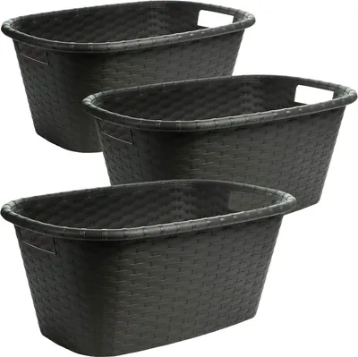 Produktbild von Livinja Wäschekorb, 3er Set - Schwarze, robuste Wäschewanne mit Griffen - Ideal für Transport und Aufbewahrung von Wäsche im Rattan-Design