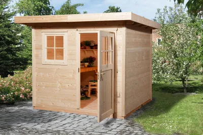 Produktbild von WEKA 170.2424.00.00 Gartenhaus/Blockbohlenhaus Schongau 1 /Einzeltür/Einzelfenster ; Größe: 2 ; Farbgebung: Naturbelassen ; Wandstärke: 28 mm ; Maße (LxBxH): 290 cm x 235 cm x 226 cm ; Seitenwandhöhe: 216 cm