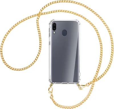Produktbild von Handykette Backcover-Schutzhülle mit Band (Metall goldfarben) für Samsung Galaxy M20 - goldfarbene Kette