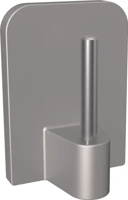 A single adhesive hook with a metal pin, shown from a diagonal angle against a light gray background.