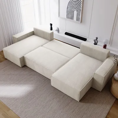 Produktbild von Ecksofa U Form mit Schlaffunktion Bergamo - Eckcouch 375 cm mit Bettkasten, Cordstoff Beige (Poso 105)