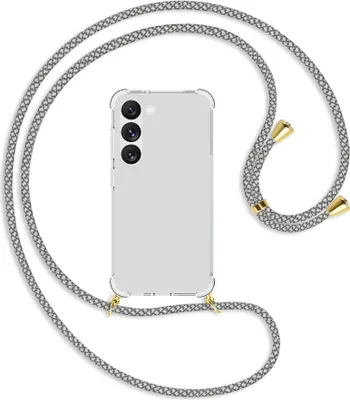Produktbild von Handykette Backcover-Schutzhülle mit Band (Metall goldfarben) für Samsung Galaxy S23 - weiß/grau kariert