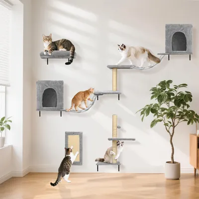 Produktbild von Nobleza Katzen kletterwand 6 Set,Katzenhäuser mit stabilen Kratzsäulen, Hängebrücke & festem Kratzbrett ,Lounging bis 10 kg