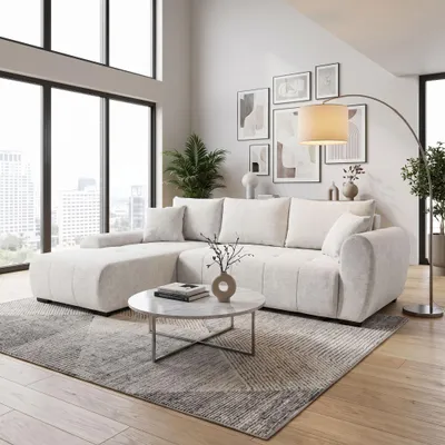 Produktbild von BEAUTYSOFA Ecksofa L-Form DALLAS 255 cm, Ecksofa mit Schlaffunktion und Bettkasten, Schlafsofa in Creme, Eckcouch Webstoff, Ottomane links, KI-generiertes Bild
