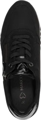 A top-down view of a black sneaker.