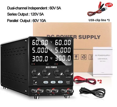 Zdjęcie produktu dla Zasilacz laboratoryjny DC – regulowane zasilanie 0–60V, 0–5A – dwukanałowe – cyfrowy wyświetlacz LED – regulowana napięcie i prąd – 60V, 5A