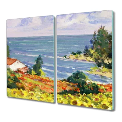 Produktbild von Coloray Hackbrett Herdabdeckplatte 2x30x52 cm Küchenbrett Kochplattenabdeckung Schneidebrett - Blumen Küste Himmel