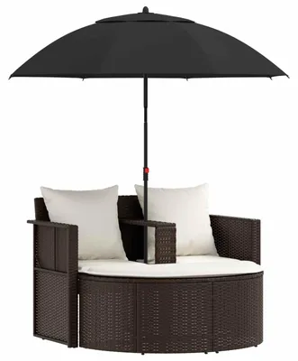 Immagine prodotto di Lettino da giardino con ombrellone in poly rattan marrone