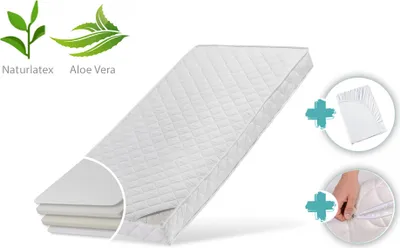 Produktbild von Kindermatratze LATEX DELUXE 90x200 cm mit Aloe Vera-Bezug, Spannbettlaken und zwei Härtegraden, 10 cm hoch, Körpergewicht bis 60 kg, Babymatratze 90 x 200 Matratze für Babybett oder Kinderbett