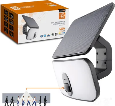 A product shot of a solar LED light and its packaging, with a diagram illustrating its motion detection.