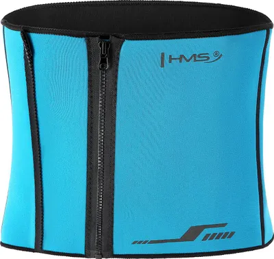 A blue neoprene waist support with a black zipper.