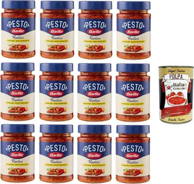 Produktbild von Barilla Pesto Rustico Verdure Mediterranee Condimento e Sugo per Pasta Rustic Pesto, mediterrane Gemüsegewürz- und Pastasauce 12x200gr + Italian Gourmet polpa 400g