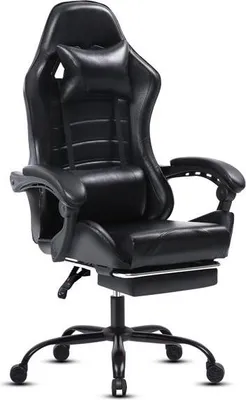 Immagine prodotto di Sedia da gioco AIORBER con poggiapiedi, in Finto cuoio, regolabile, con poggiatesta e supporto lombare rimovibili, ruote girevoli, sedie da ufficio, 65x65x123cm, nero