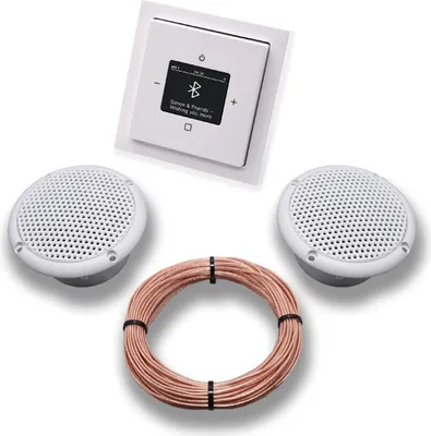 Produktbild von Busch Jäger DAB+ Bluetooth Unterputz Unterputzradio DAB BT 8217 U – 101 studioweiß Komplettset Future Linear, 2 x Deckenlautsprecher Feuchtraum Badezimmer + 20 m Lautsprecherkabel 2x0,75 mm² 8217U-101