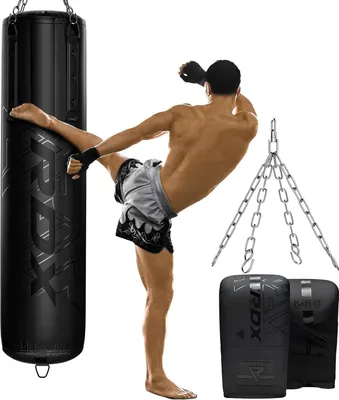 Produktbild von RDX Boxsack Anti-Swing, Schwer gefülltes Set, Reißfester Maya-Leder-Sack für Erwachsene mit Boxhandschuhen und Kette, Kickboxen, Boxen, MMA, Muay Thai, Karate, Training