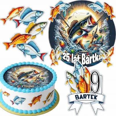 Obrázek produktu pro Zestaw Opłatek Na Tort 20Cm + 16 Postaci - Wędkarskie Rybak +Imię 15Cm 18Cm
