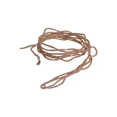 A coiled piece of jute twine on a white background.